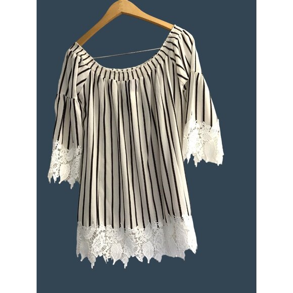 MUCHE MUCHETTE- WOMENS WHITE/BLACK STRIPPED OFF THE SHOULDER TOP SIZE XS-S -NWOT - Picture 3 of 7